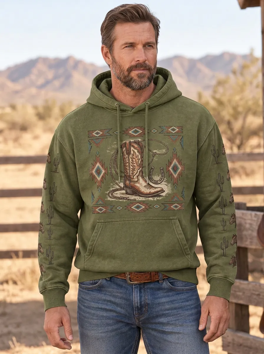 Men's Classic Western Cowboy Horseshoe Horse Cactus Graphic Hoodie