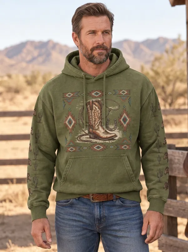 Men's Classic Western Cowboy Horseshoe Horse Cactus Graphic Hoodie