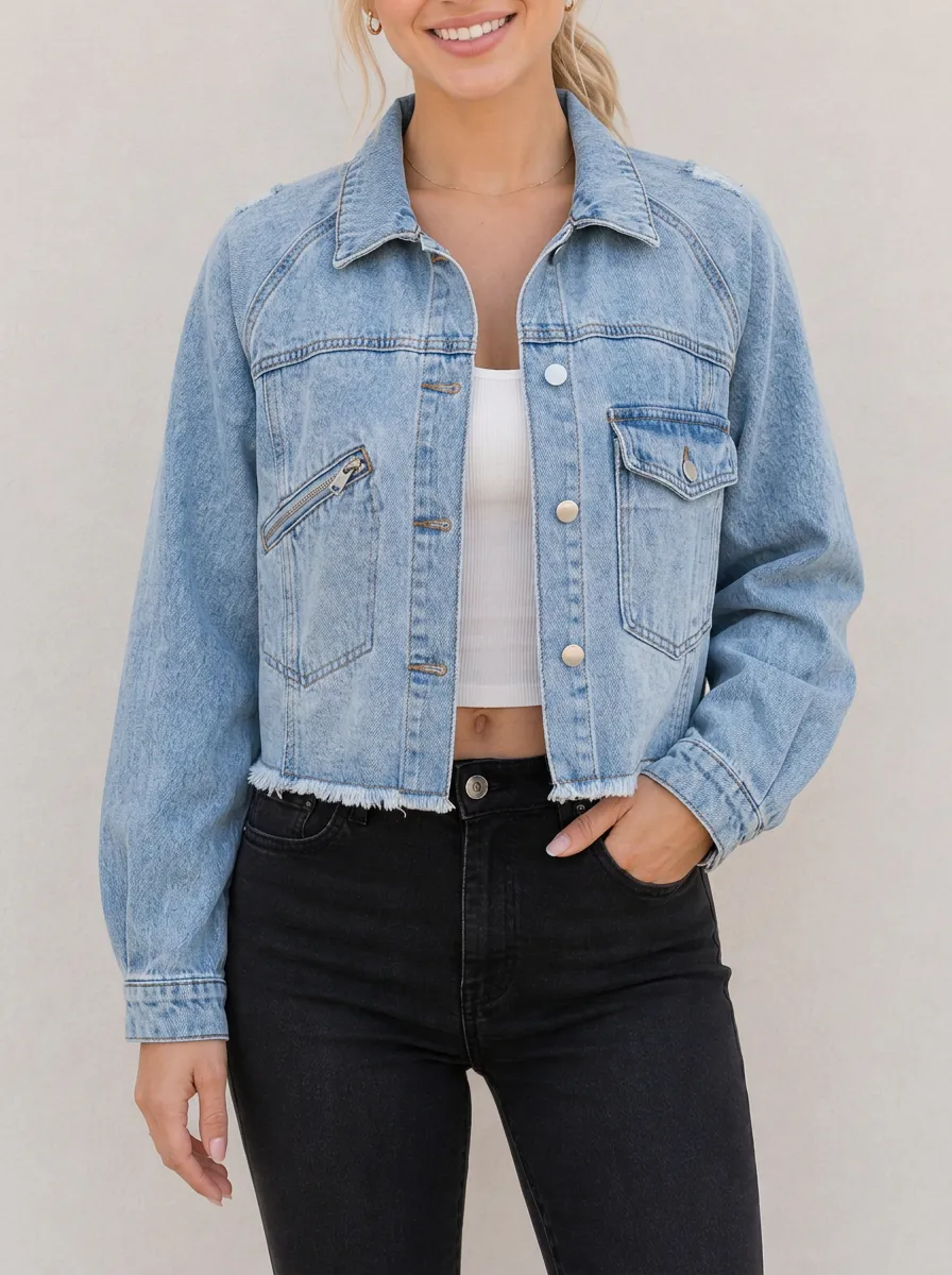 Women's Casual Vintage Light Wash Raw Hem Cropped Denim Jacket