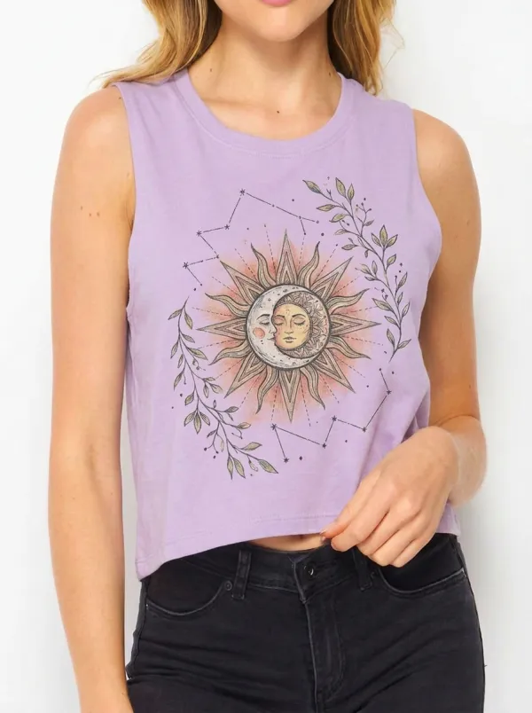 Women's Celestial Boho Sun Moon Leaf Printed Crop Tank Top