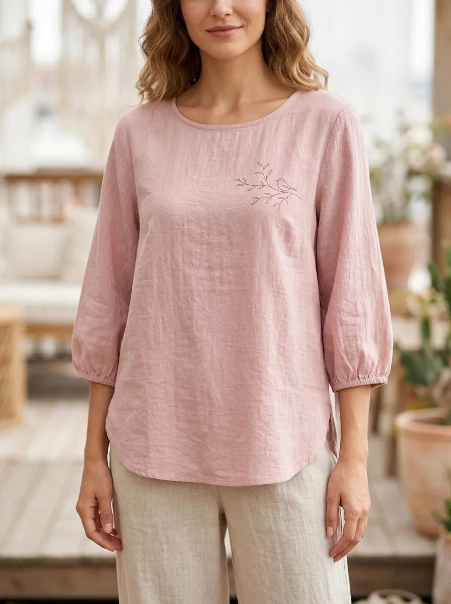 Women's Minimalist Nature Lover Bird Branch Printed Cotton And Linen Top