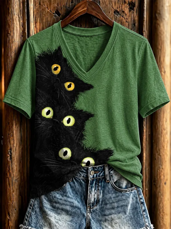 Women's Halloween Cat Art Printed Casual T-Shirt