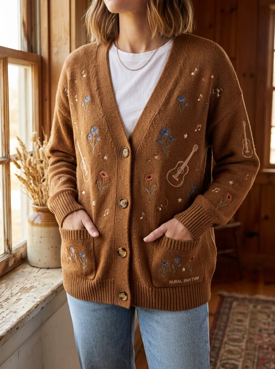 Heritage Guitar Floral Women's Country Music Casual Cardigan