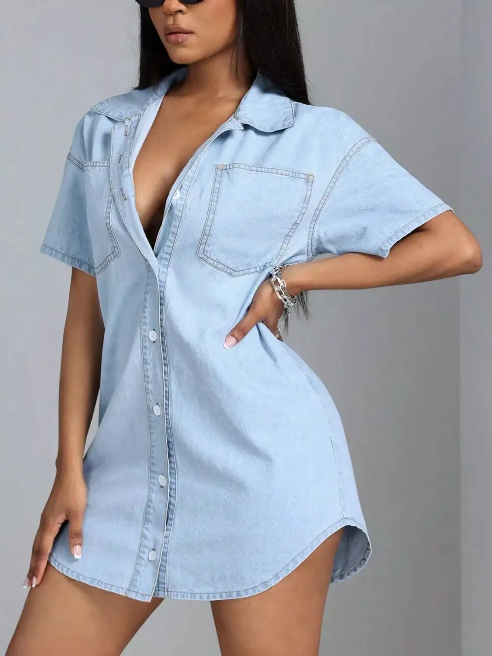 Classic Short-Sleeve Denim Casual Dress