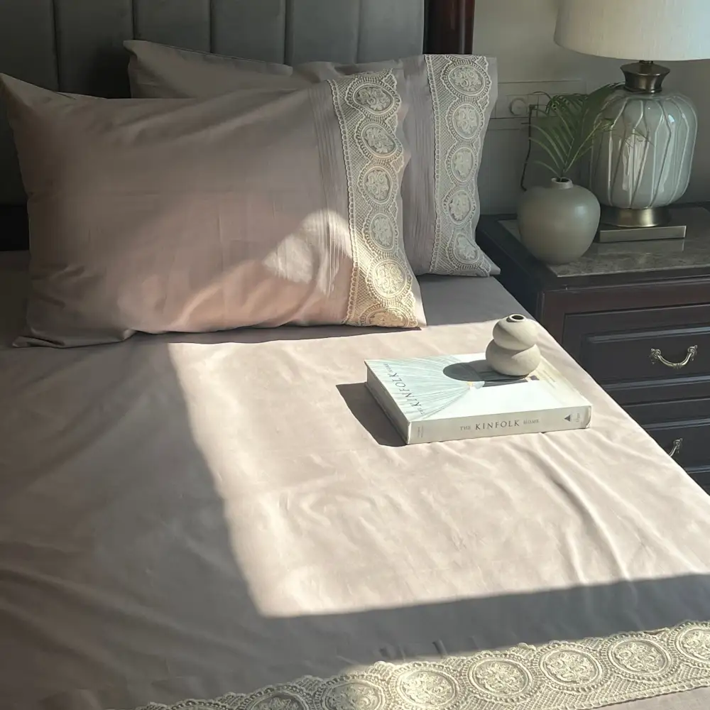 Mocha Cotton Embroidered Lace Bed Sheet Set