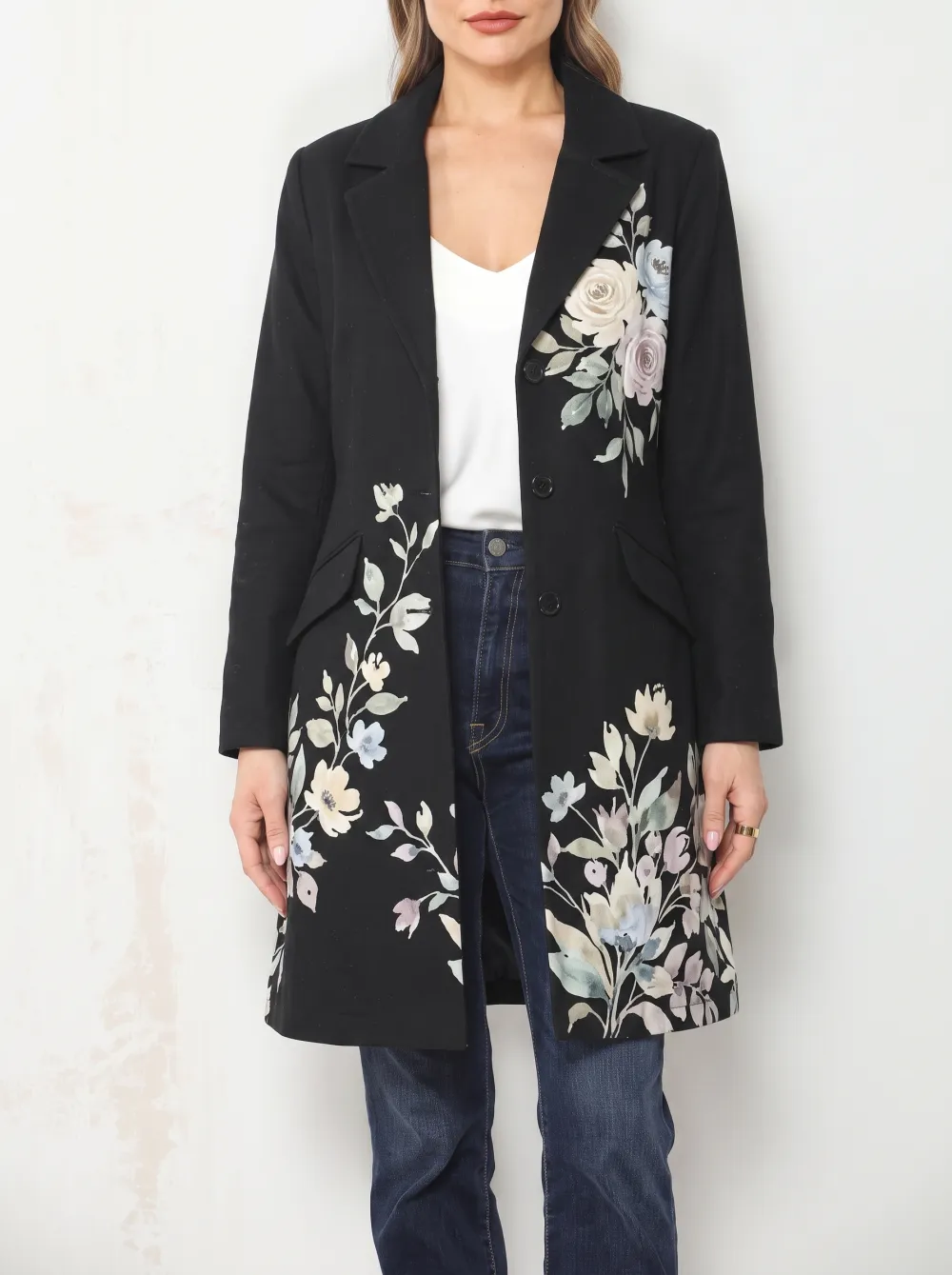 Women's Three Button Vintage Floral Botanical Blazer Coat