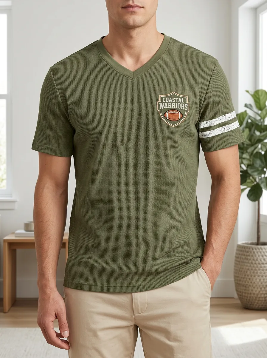 Men's Coastal Warriors Football Shield Printed Waffle V-Neck T-Shirt