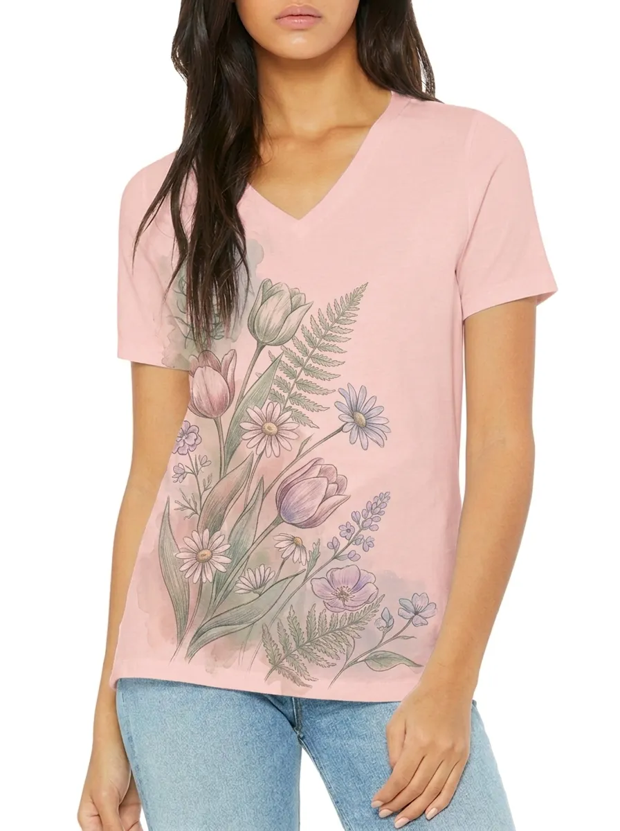 Women's Floral Nature Lover Watercolor Tulip Daisy Printed V-neck T-shirt