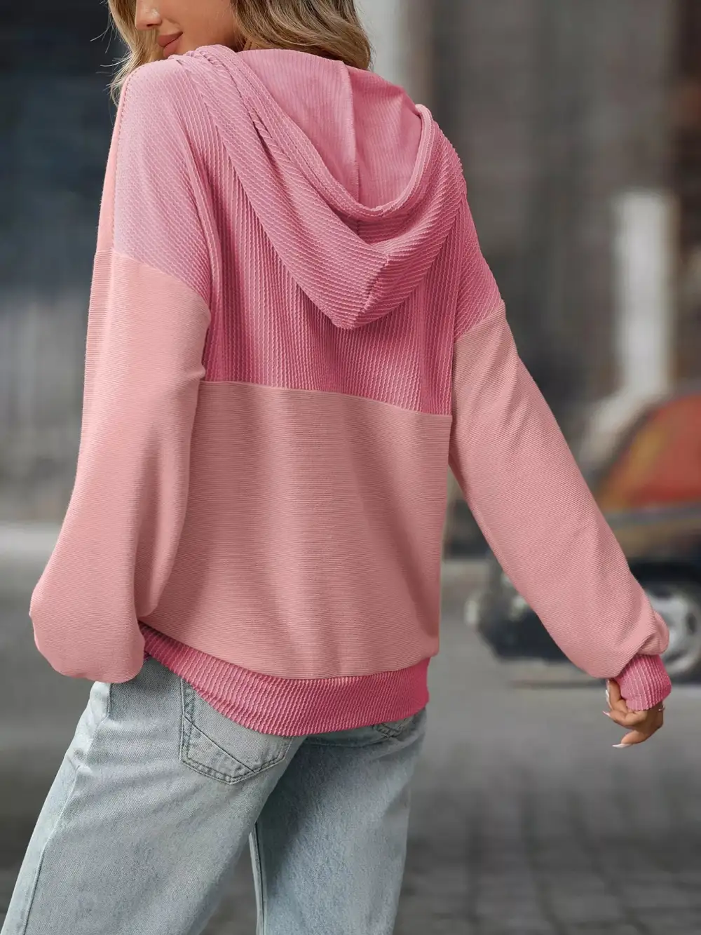 Refined Drawstring Buttoned Pocketed Colorblock Hoodie