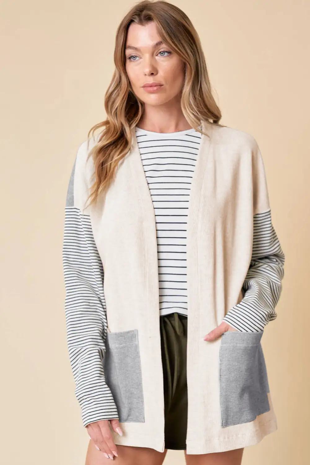 Color Block Patchwork Open Front Pocketed Cardigan