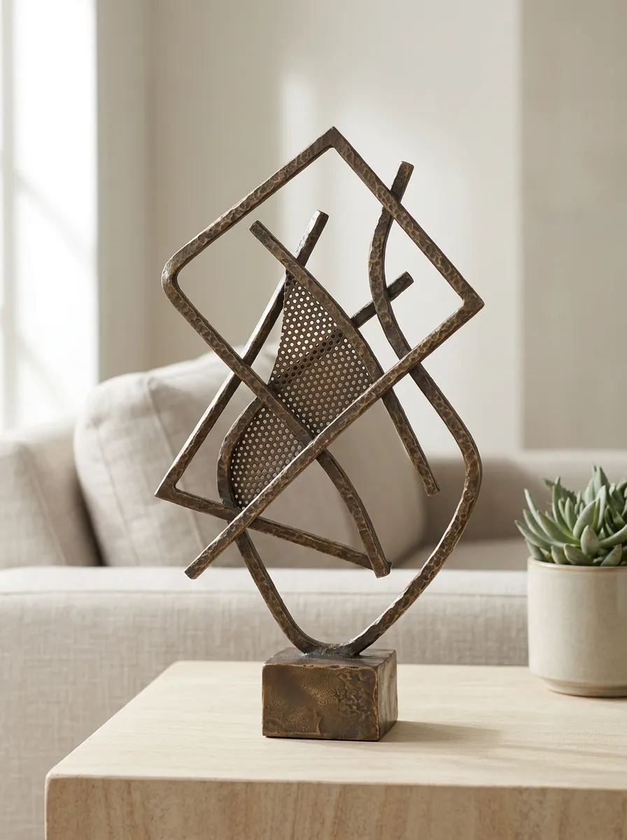 Minimalist Abstract Geometric Bronze Metal Table Sculpture