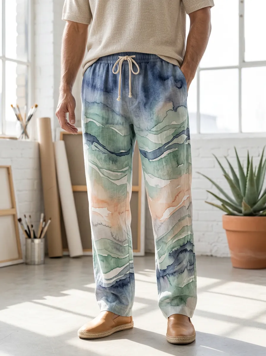 Men's Watercolor Landscape Abstract Printed Lounge Pants
