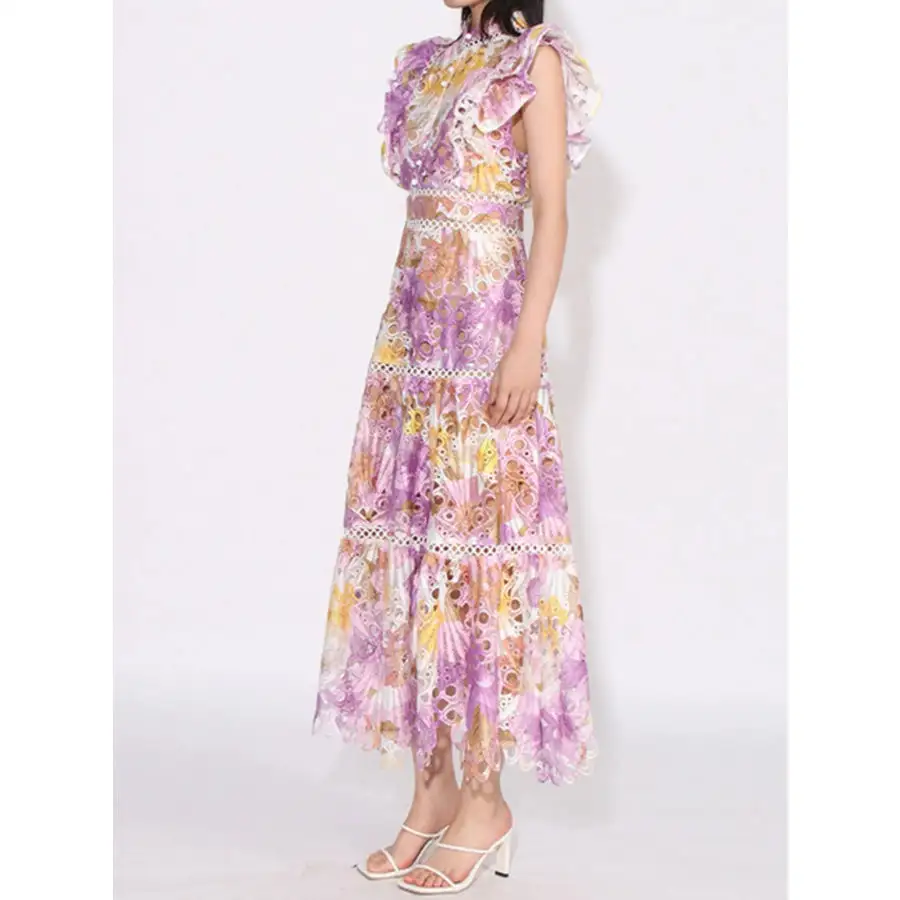 Ruffled Hollow Out Tiered Midi Dress