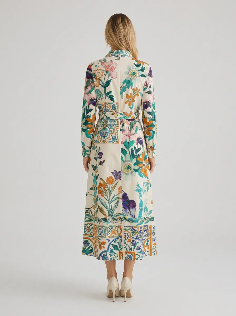 Women's Floral Tile Pattern Printed Belted Shirt Dress