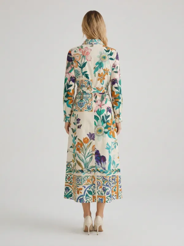 Women's Floral Tile Pattern Printed Belted Shirt Dress