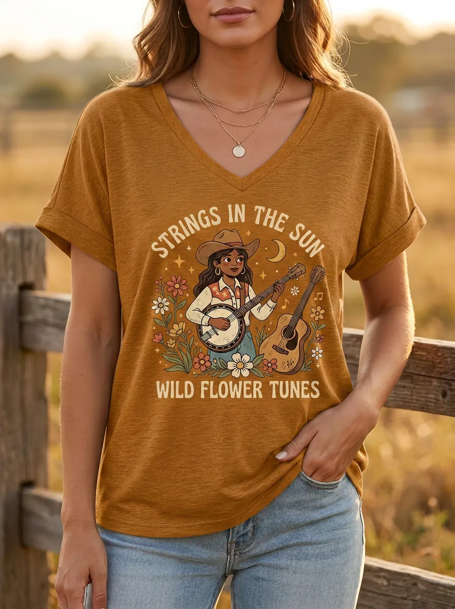 Banjo Guitar Floral Custom Country Music V-Neck T-Shirt