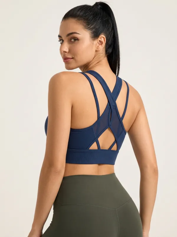 Women's Mesh Panel Printed Cross Strap Yoga Bra