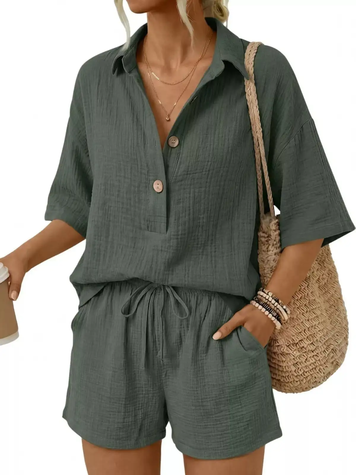 Drawstring Button-Front Linen Top and Shorts Matching Set