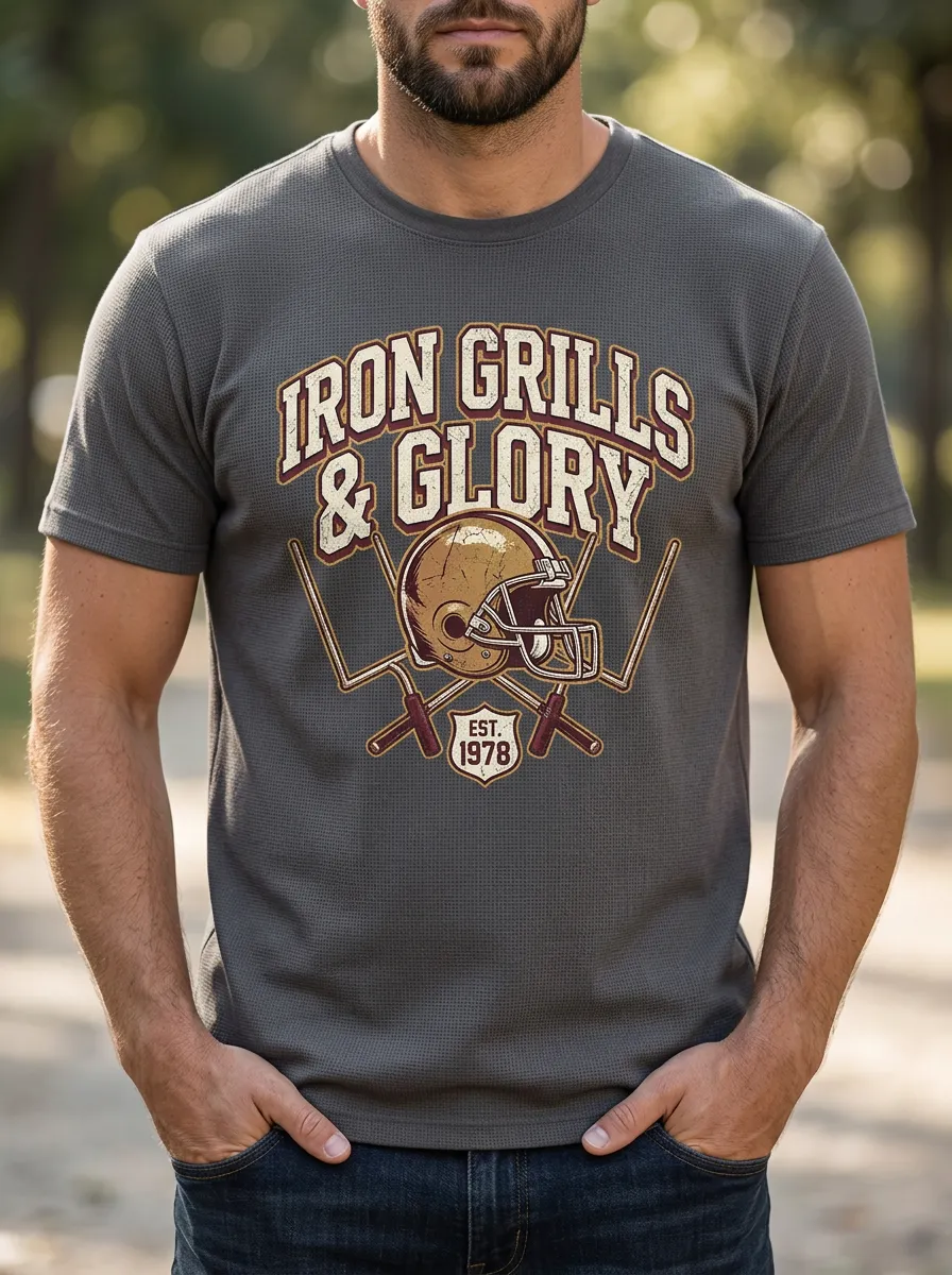 Men's Football Fan Iron Grills & Glory Helmet Printed T-shirt