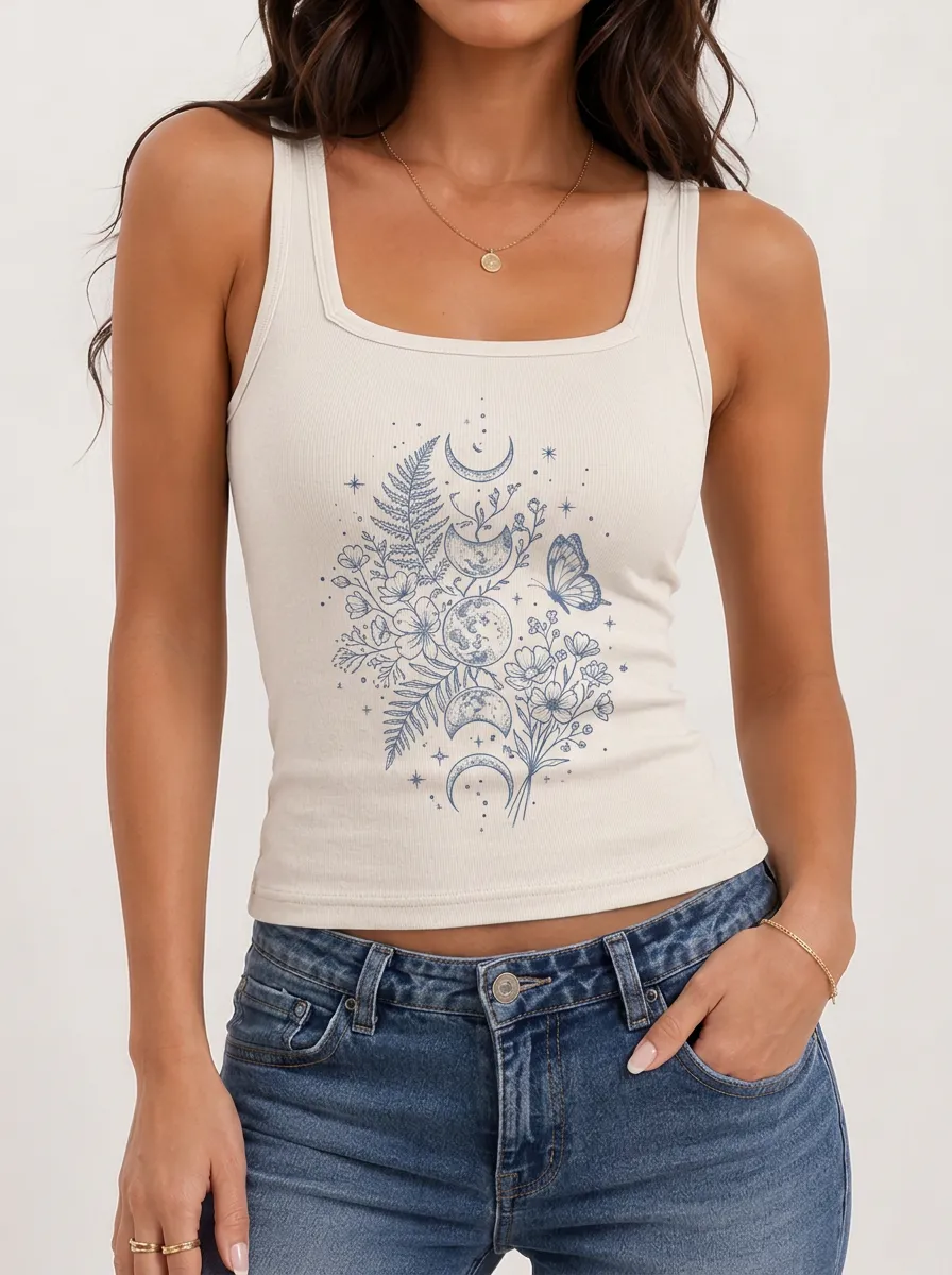 Women's Celestial Floral Butterfly Moon Phases Printed Tank Top