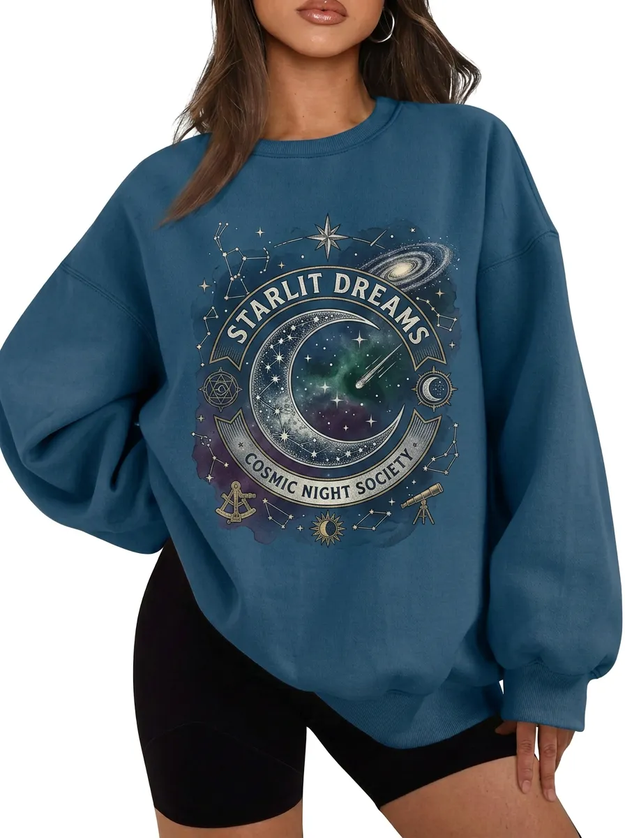 Women's Starlit Dreams Cosmic Night Society Moon Stars Printed T-shirt