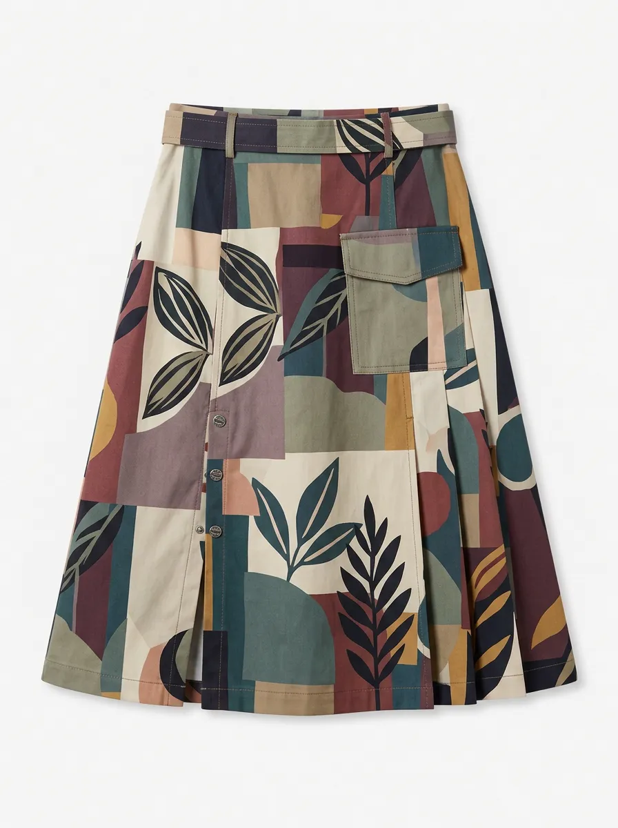 Women's Abstract Botanical Geometric Printed Midi Skirt