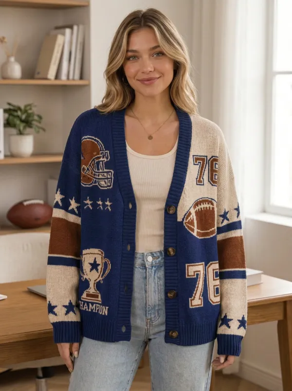 Women's Traditional Helmet Football Trophy Knitted Cardigan