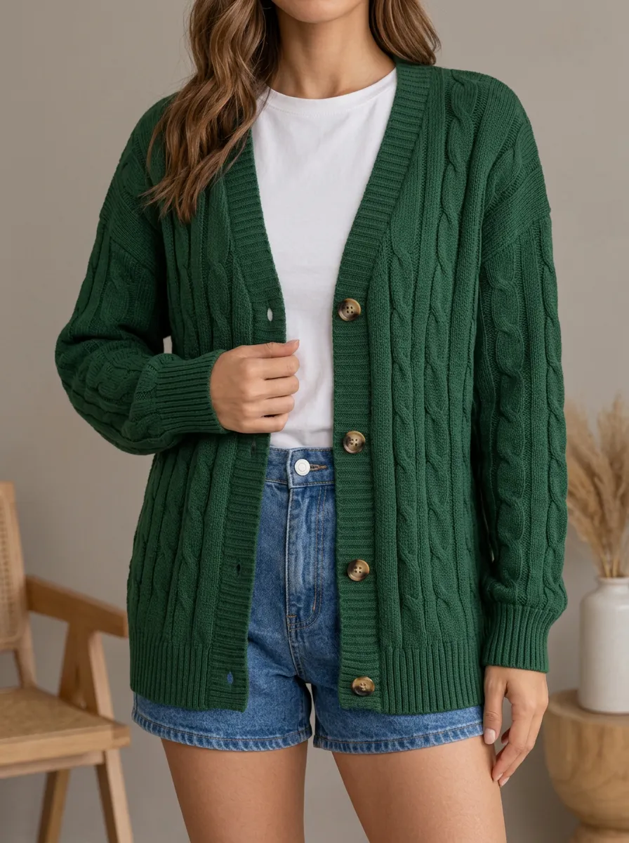 Women's Streamlined Layered Cable Knit Button Front V Neck Cardigan