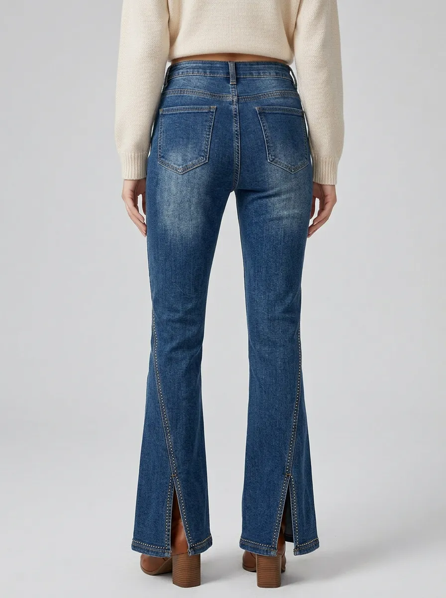 Women's High-Waisted Studded Split Hem Denim Jeans