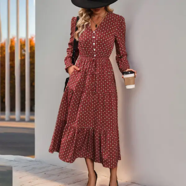 Women's V-Neck Long-Sleeve Ruffled Midi Dress