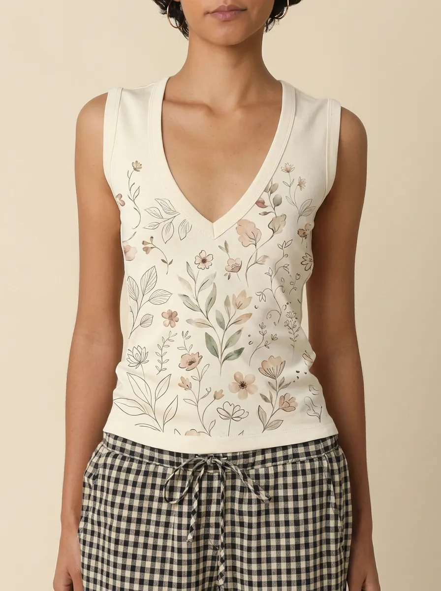 Women's Botanical Floral Art Printed V-Neck Tank Top