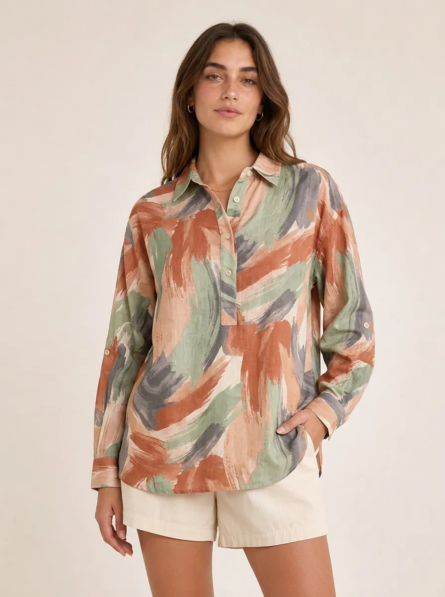 Women's Abstract Brushstroke Pattern Printed Long Sleeve Shirt