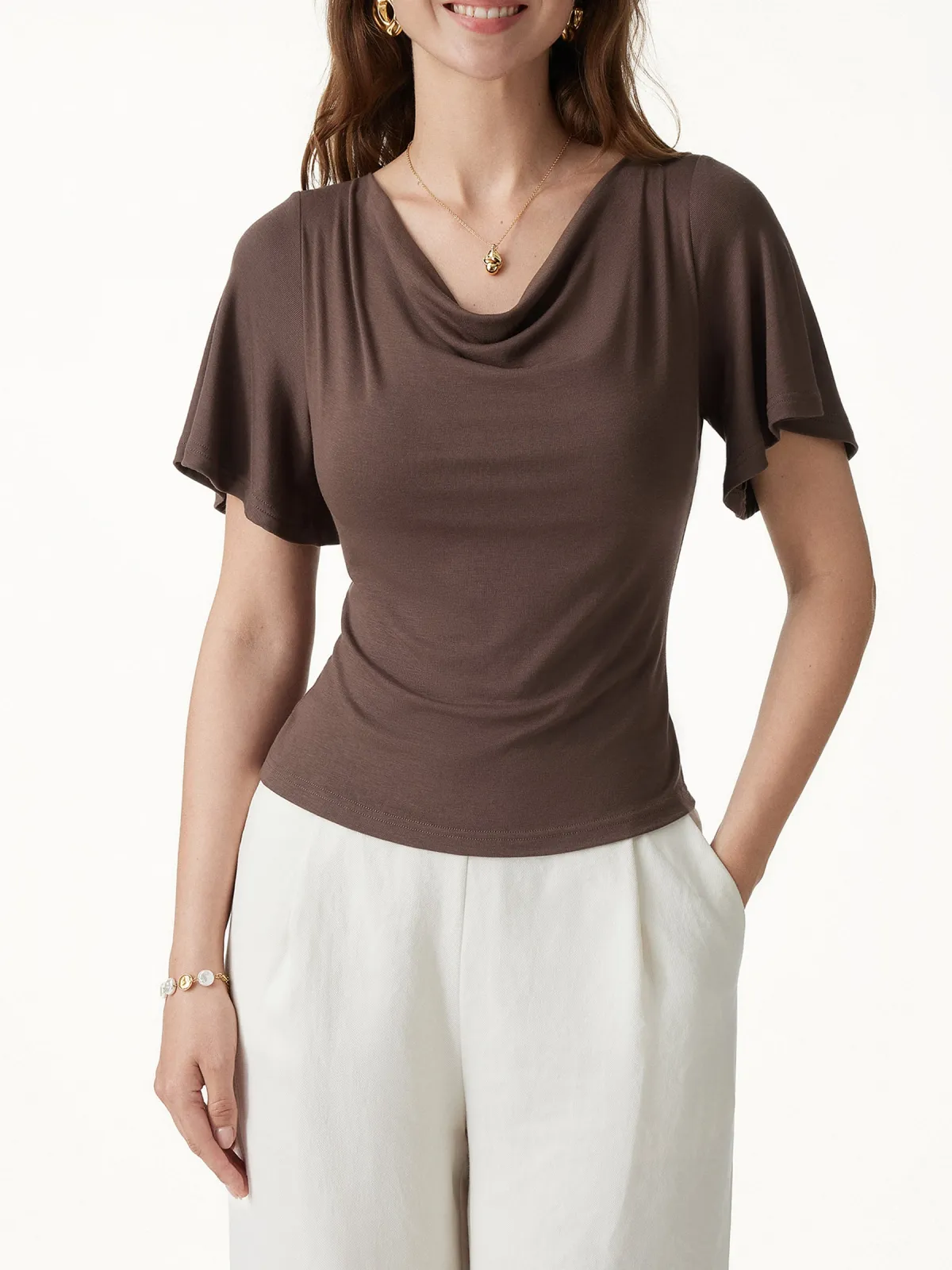 Cowl Neck Flutter Sleeve Bra Top