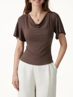 Cowl Neck Flutter Sleeve Bra Top