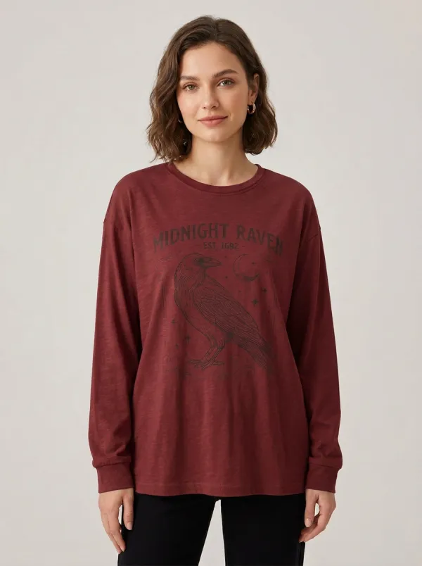 Women's Halloween Gothic Raven Moon Printed Long Sleeve T-shirt