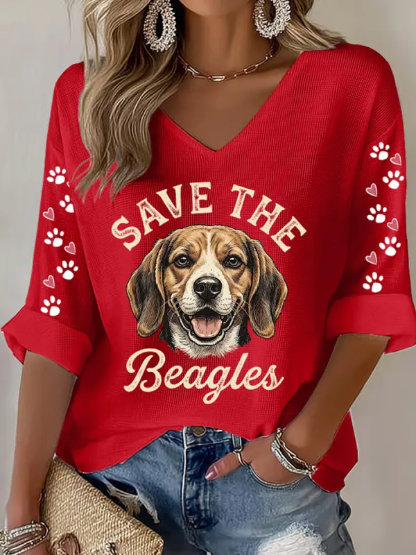 Women's Save The Beagles Print V Neck Top