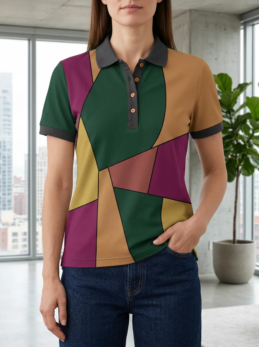 Women's Modern Geometric Color Block Abstract Polo Shirt