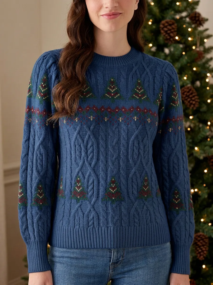Evergreen Christmas Holiday Pine Tree Pattern Knitted Sweater