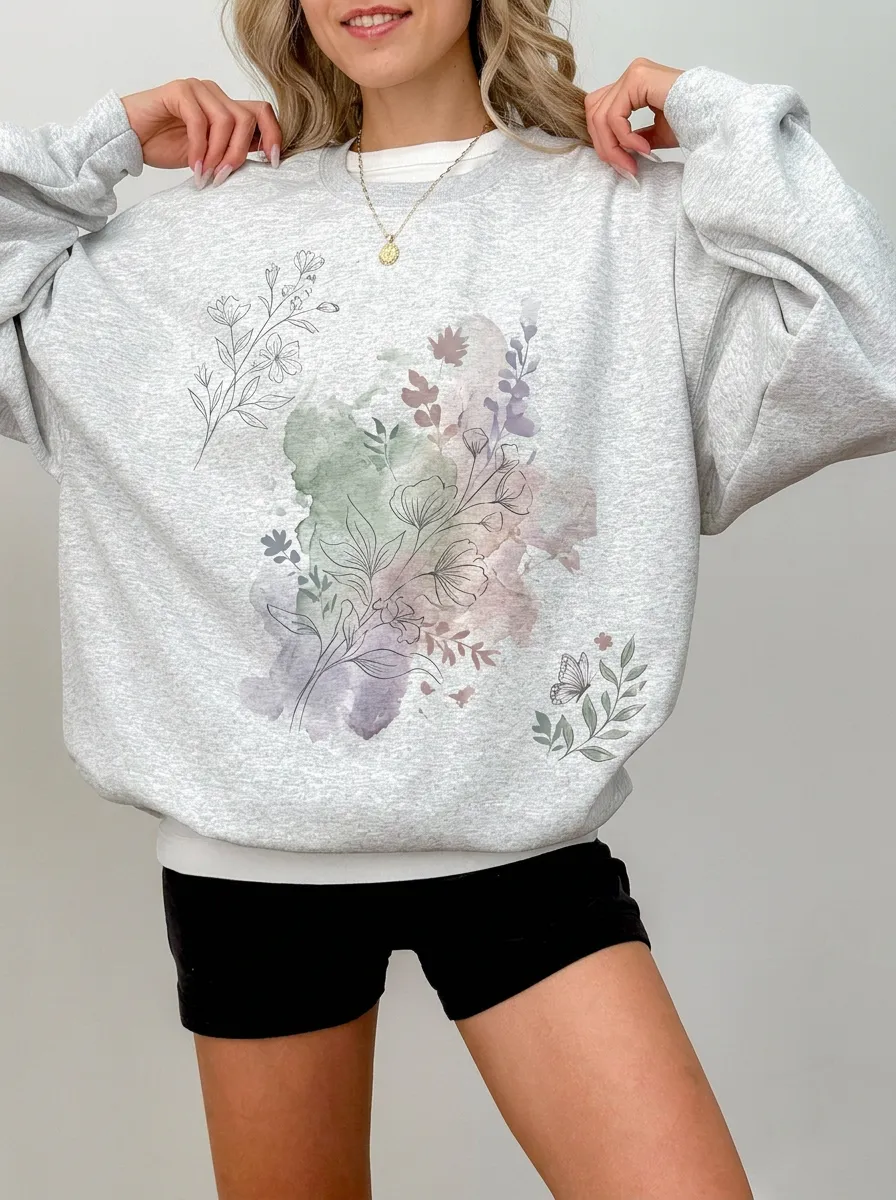 Women's Botanical Nature Lover Watercolor Floral Printed Sweatshirt