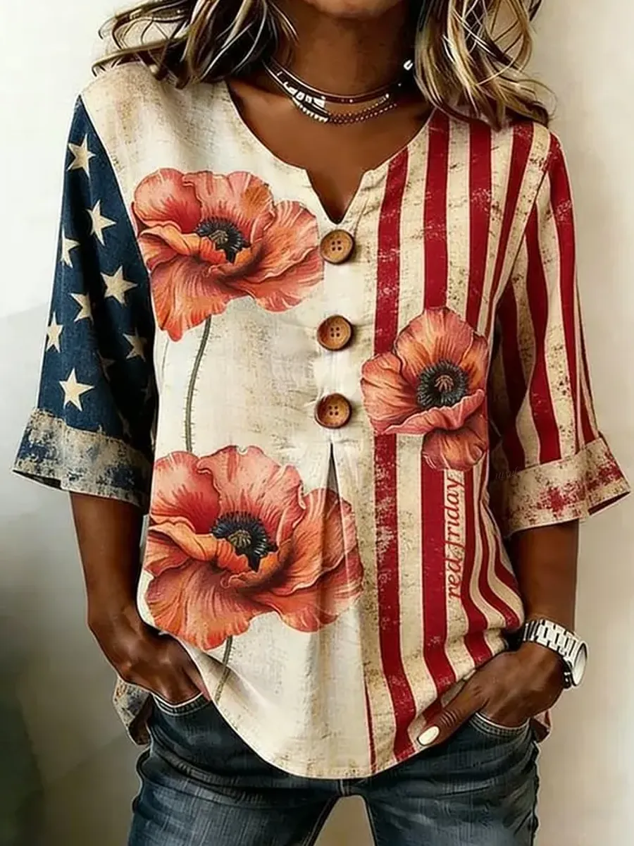 Women'S Independence Day Flag Floral Print Short-Sleeve Casual Top