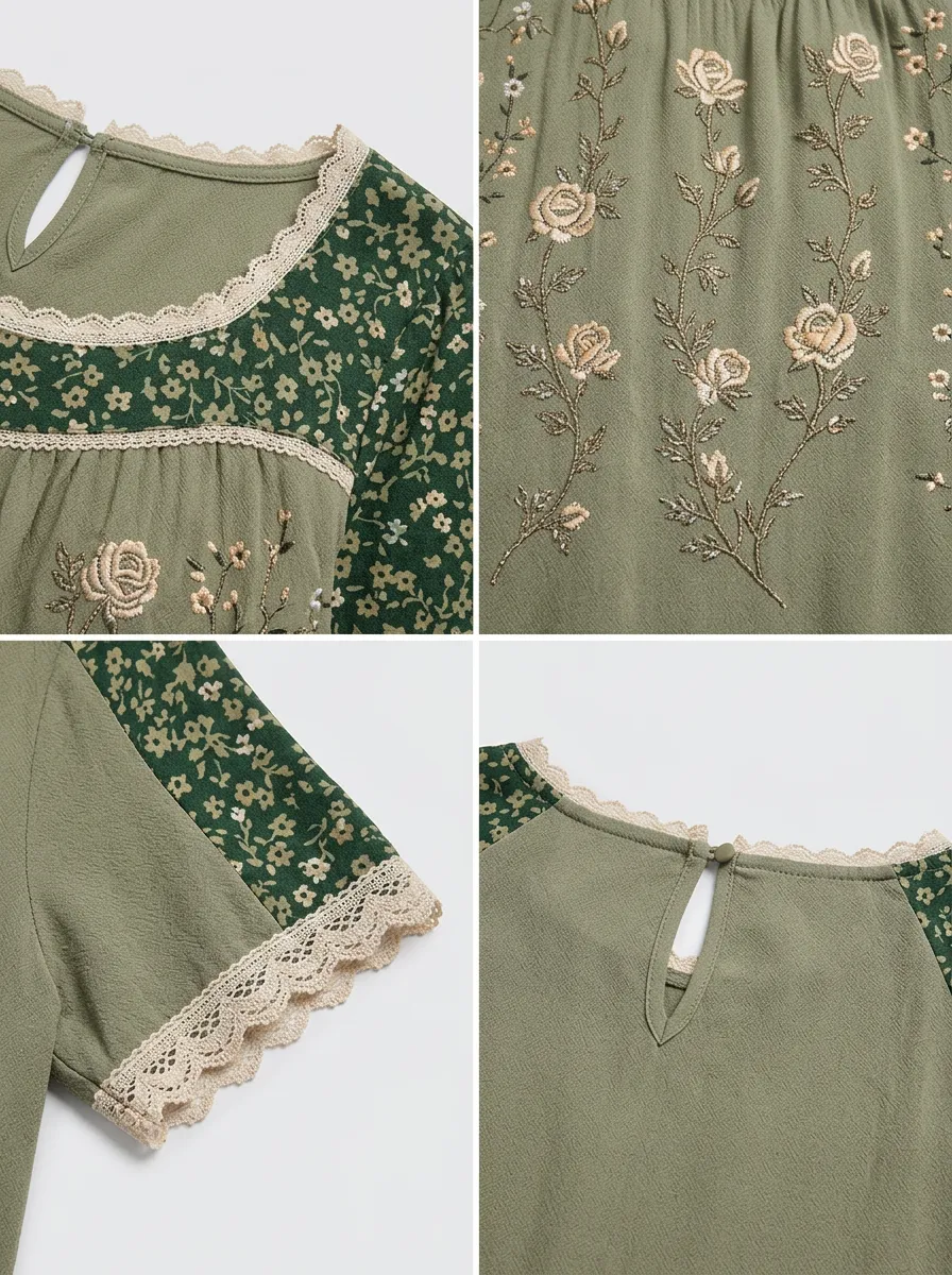 Women's Boho Floral Vintage Rose Embroidered Printed Short Sleeve T-Shirt