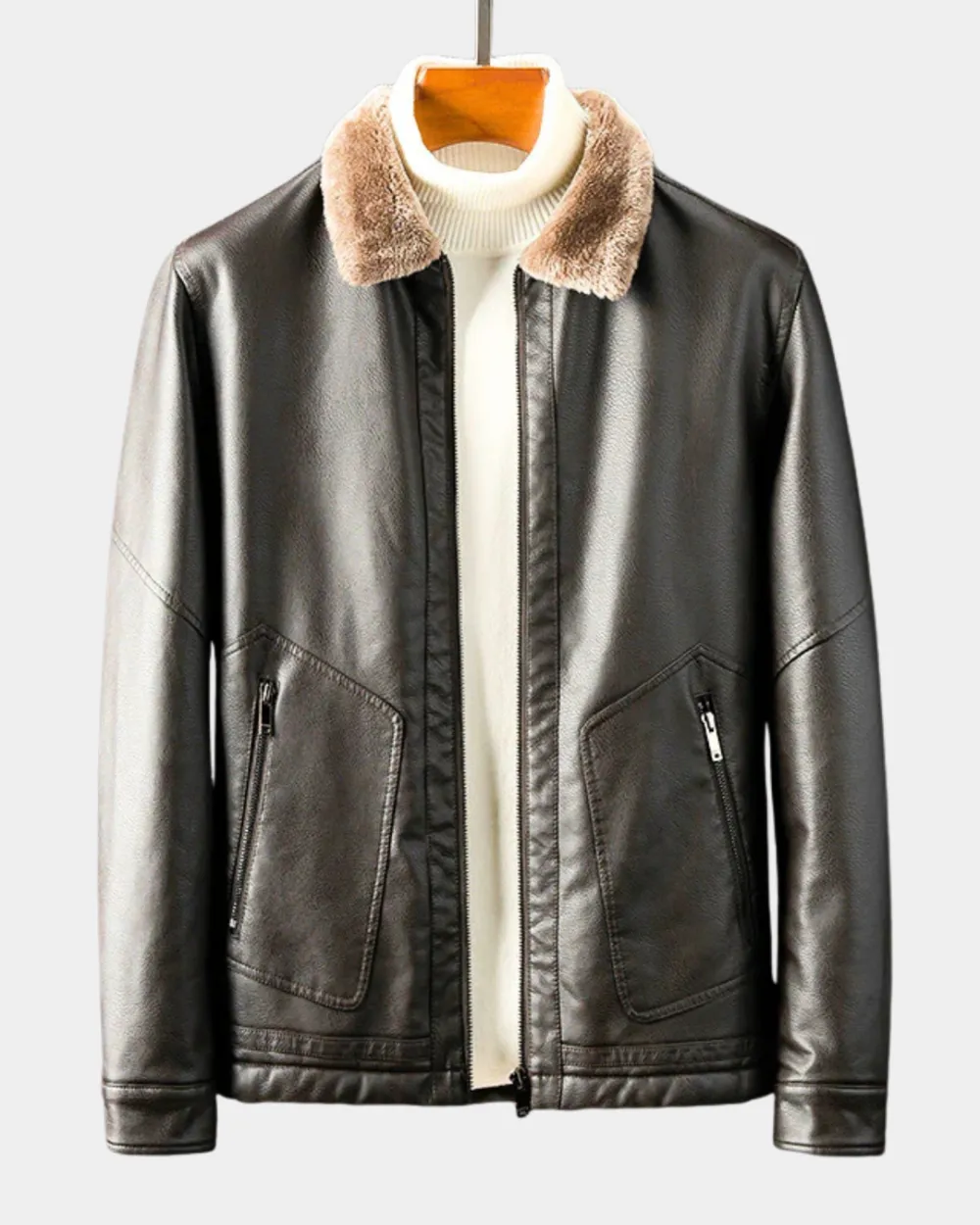 Faux Leather Fur Collar Jacket