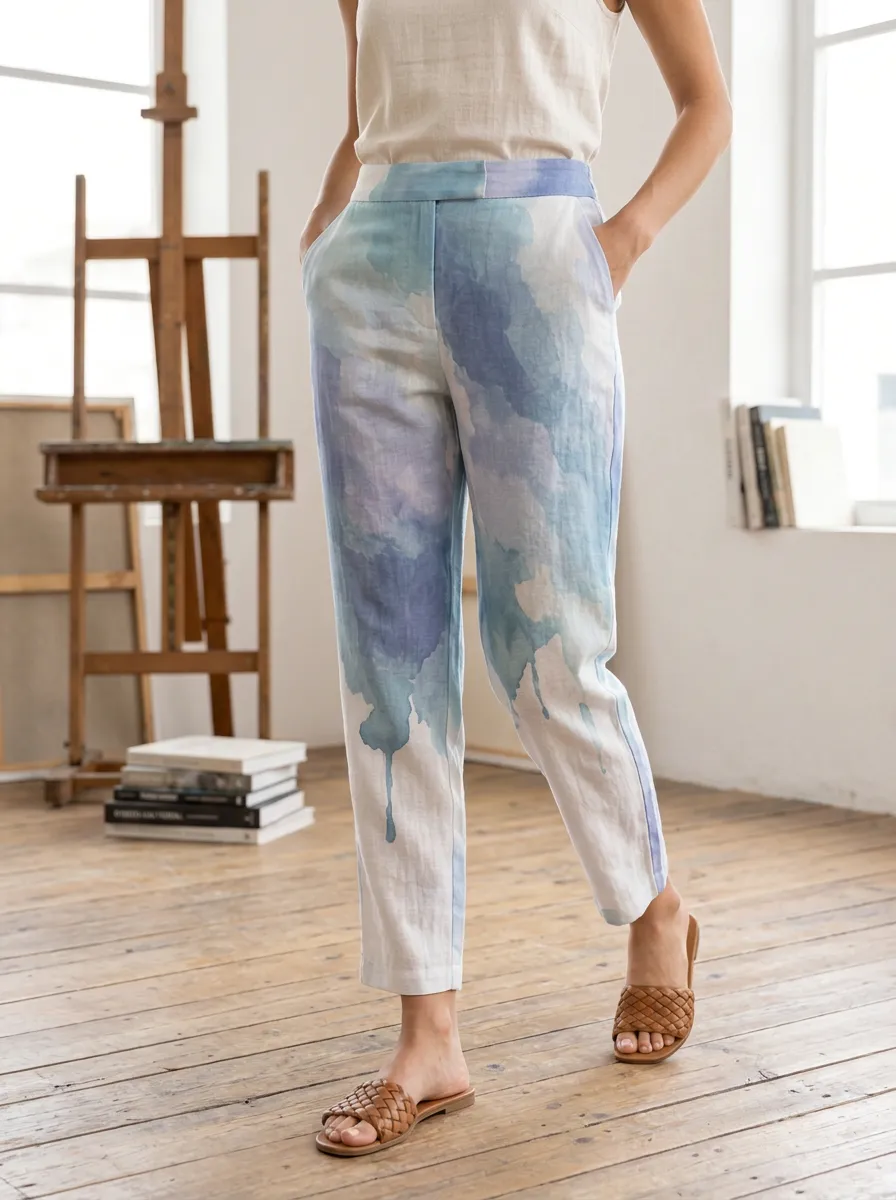 Women's Abstract Blue Watercolor Printed Linen Pants
