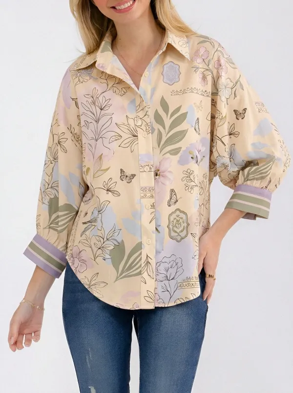 Women's Floral Butterfly Botanical Printed Button-Up Shirt