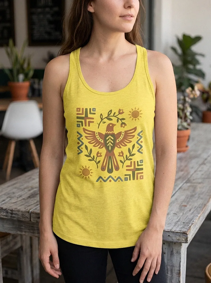 Women's Boho Nature Lover Bird Sun Floral Printed Tank Top