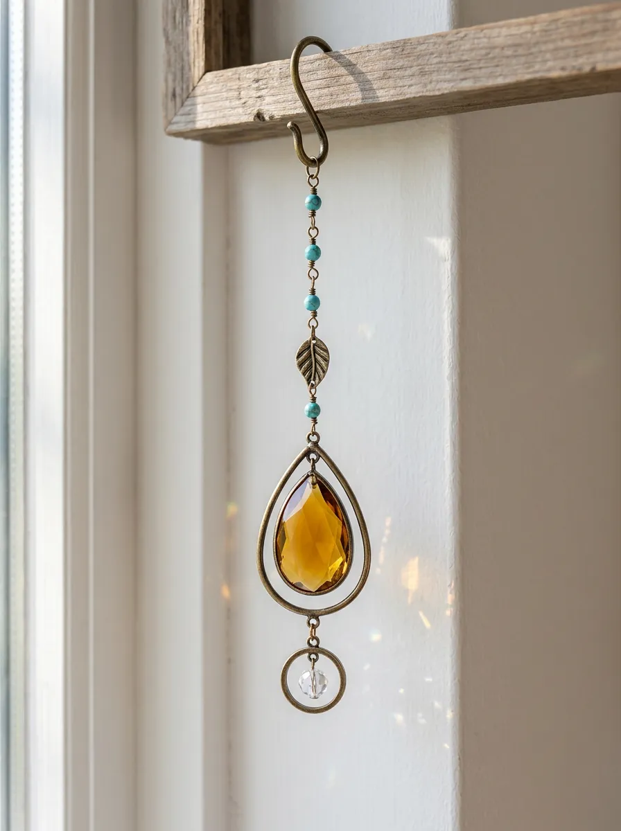 Boho Amber Teardrop Crystal Turquoise Leaf Suncatcher Hanging Ornament