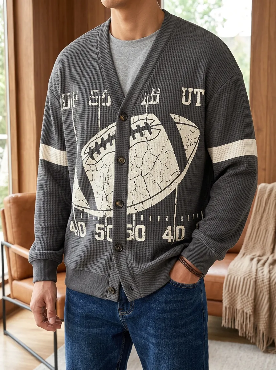 Men's Gridiron Football Fan Distressed Graphic Printed Waffle Cardigan