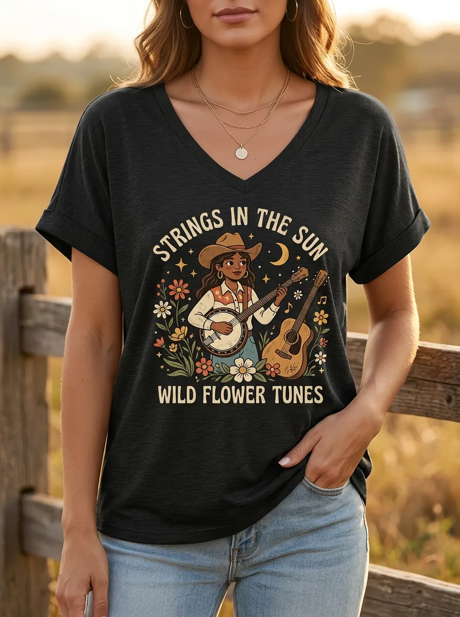 Banjo Guitar Floral Custom Country Music V-Neck T-Shirt