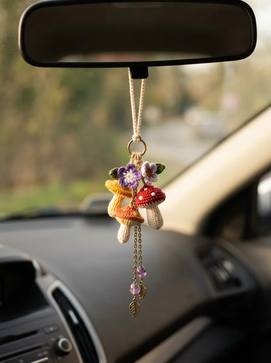 Knitted Mushroom Floral Rearview Mirror Hanging Ornament