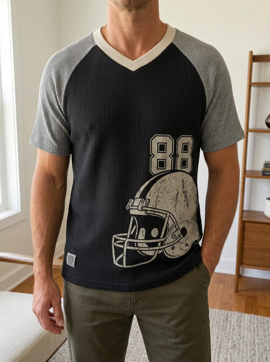 Men's Football Fan 88 Helmet Printed Waffle Knit V-Neck Top